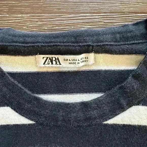 Zara Navy White Striped Knit Thick Tee Top Oversized Crewneck Short Sleeve Large - Picture 3 of 6